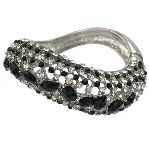 Black Clear Rhinestone Bling Fancy Funky Curved Silver Hinged Bangle Bracelet